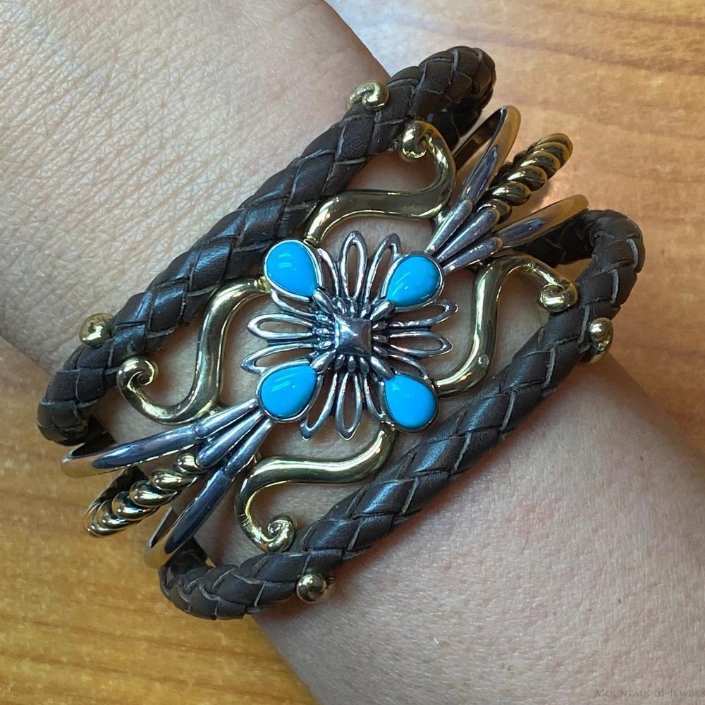 Carolyn Pollack Sterling & Brass 4 Turquoise Dk Brown Leather Decorated Bracelet